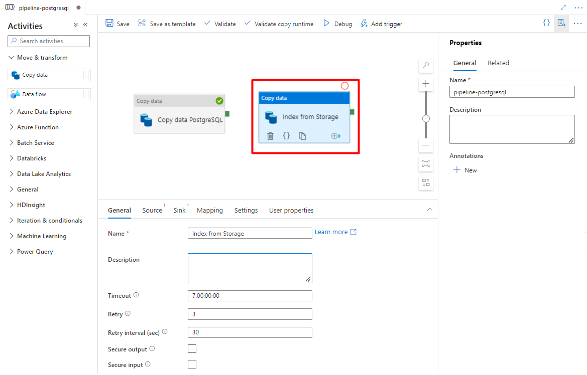 Captura de pantalla que muestra cómo arrastrar y colocar en Azure Data Factory para configurar una actividad de copia.