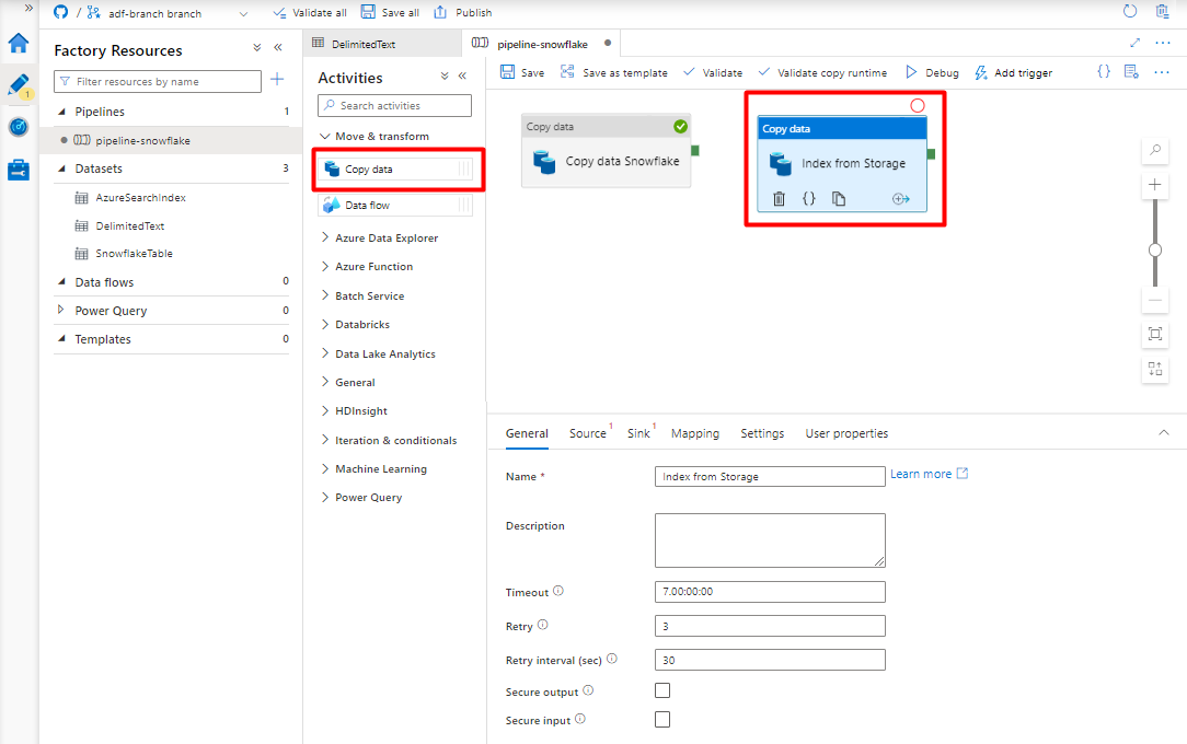 Captura de pantalla que muestra cómo arrastrar y colocar una actividad de copia de datos en el lienzo de canalización para indexar desde Storage.