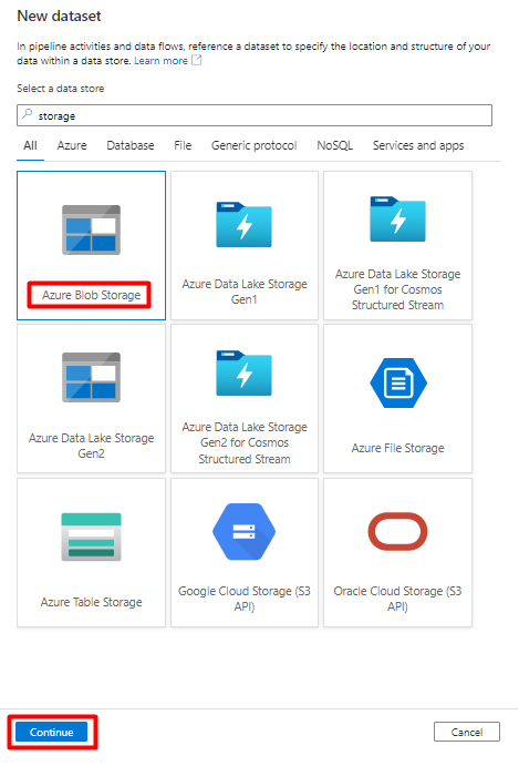 Captura de pantalla que muestra cómo elegir un nuevo almacén de datos de Blob Storage en Azure Data Factory para el almacenamiento provisional.