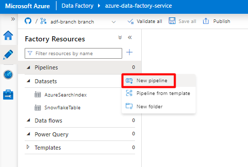 Captura de pantalla que muestra cómo elegir una nueva canalización en Azure Data Factory para crear para la ingesta de datos de Snowflake.