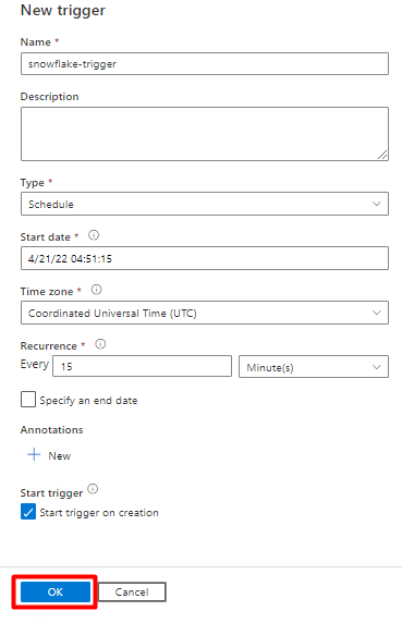 Captura de pantalla que muestra cómo configurar un desencadenador para ejecutar una canalización en Data Factory para Snowflake.