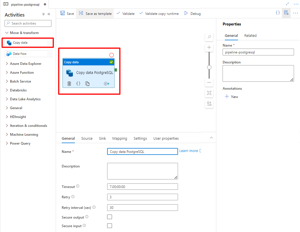 Captura de pantalla que muestra cómo arrastrar y colocar en Azure Data Factory para copiar datos de PostgreSQL.