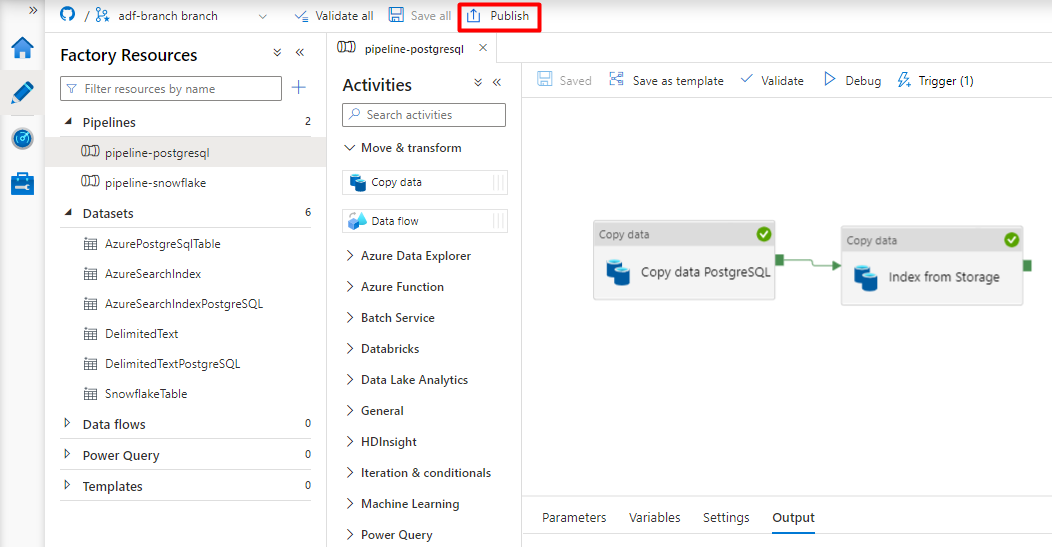 Captura de pantalla que muestra cómo publicar una canalización en la copia de datos de Data Factory for PostgreSQL.