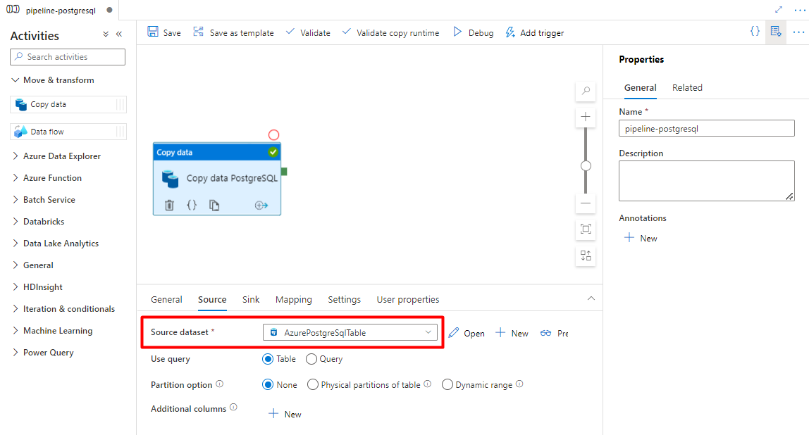 Captura de pantalla que muestra cómo configurar el origen para importar datos de PostgreSQL a un blob de Azure Storage en la fase de almacenamiento provisional.