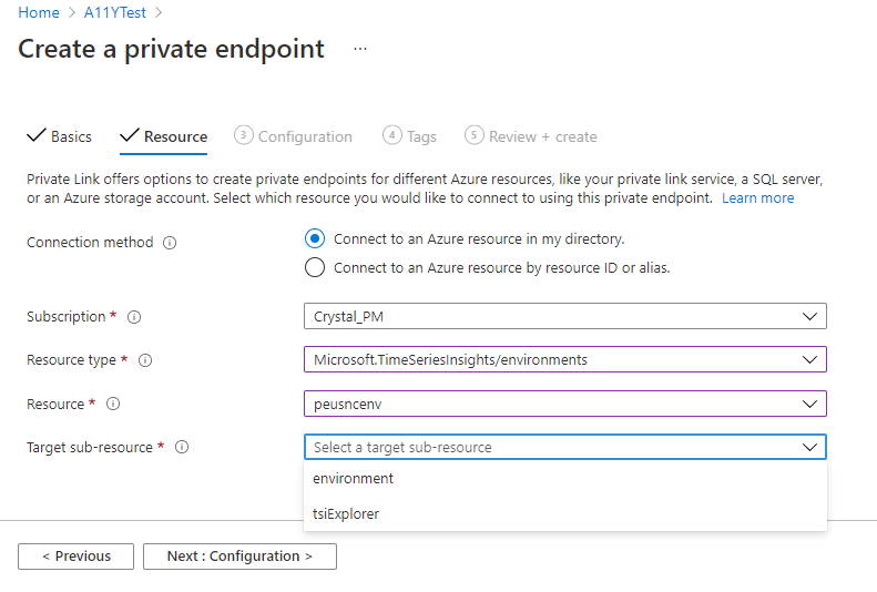 Captura de pantalla de Azure Portal que muestra la segunda pestaña (recurso) del cuadro de diálogo Crear un punto de conexión privado. Contiene los campos descritos anteriormente.