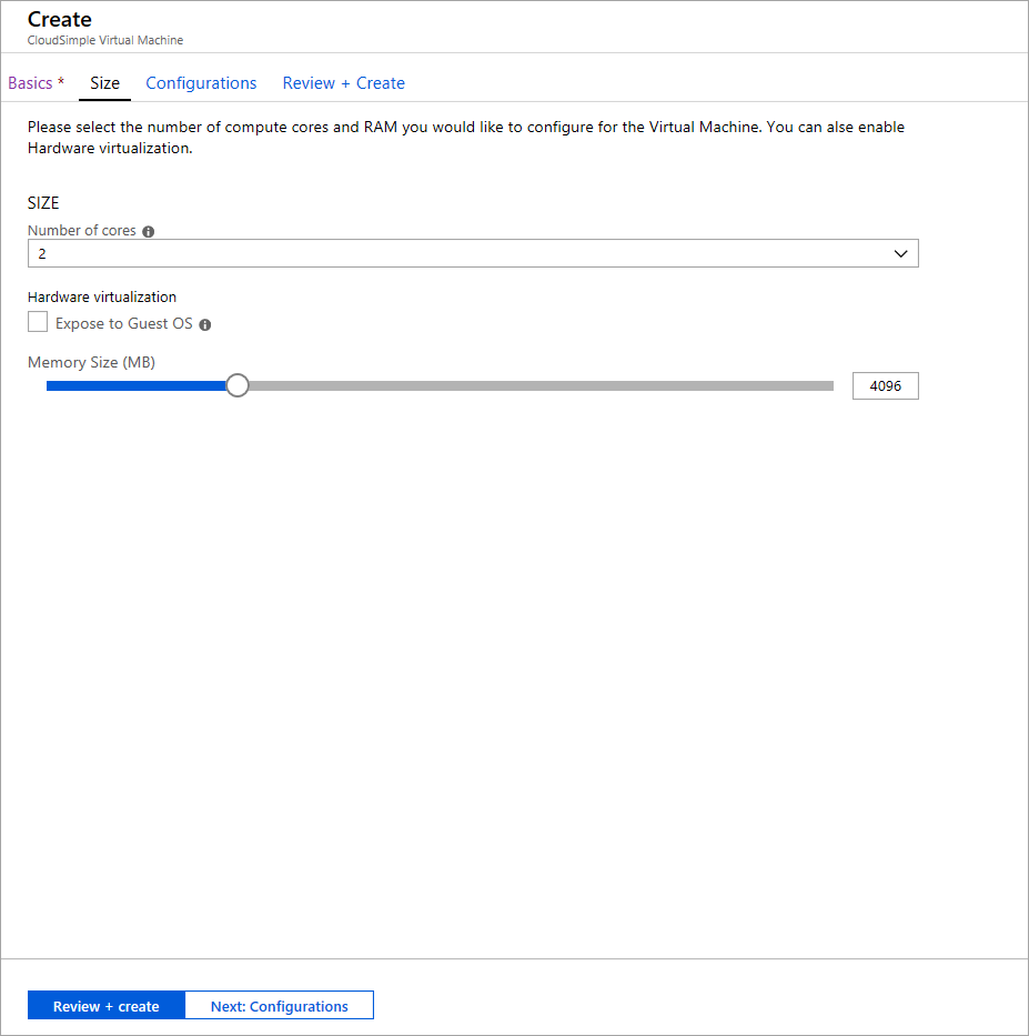 Creación de una máquina virtual de CloudSimple: Tamaño