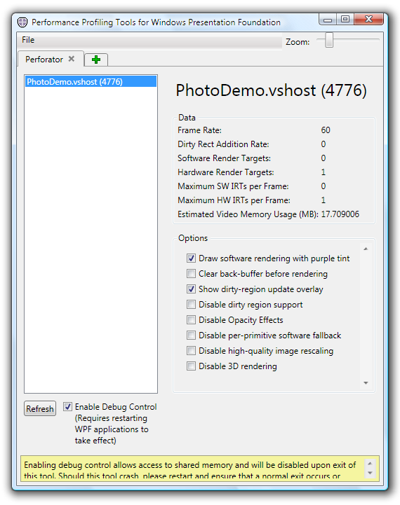 Perforator main window with rendering data