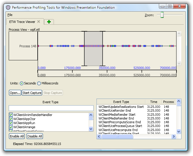 Ventana principal de Trace Viewer con registro de eventos