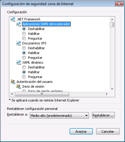 Cuadro de diálogo Configuración de seguridad