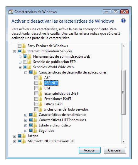 Valores predeterminados de las características de IIS 7.0