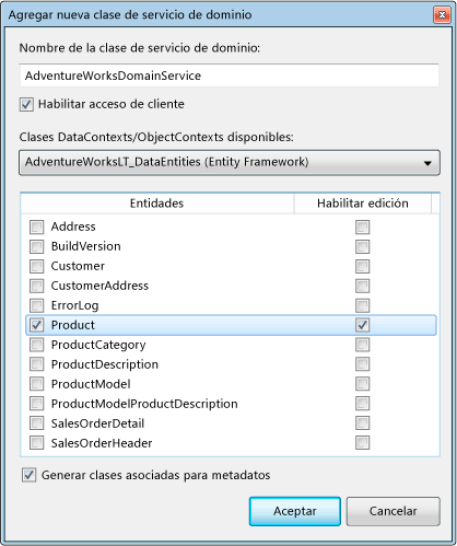 Cliente de servicio de dominio de ASP.NET: cuadro de diálogo Agregar nueva clase de servicio de dominio