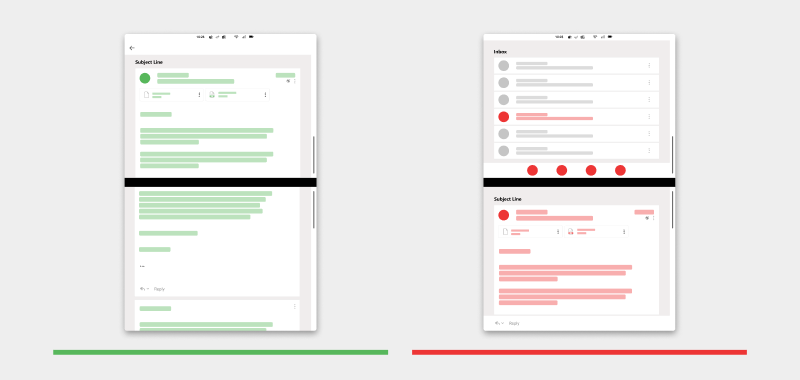 Diagram shows a rotated view, which shows only content on both screens, not the list.