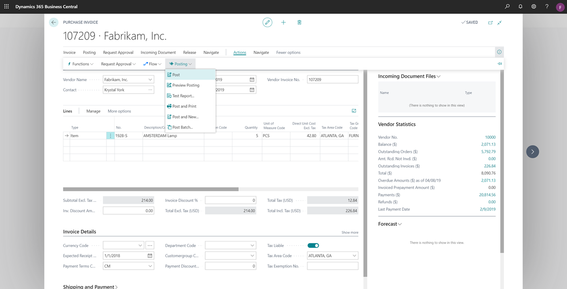 Post and New on an invoice