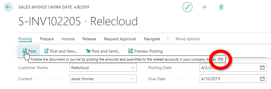 Posting an invoice using a keyboard shortcut