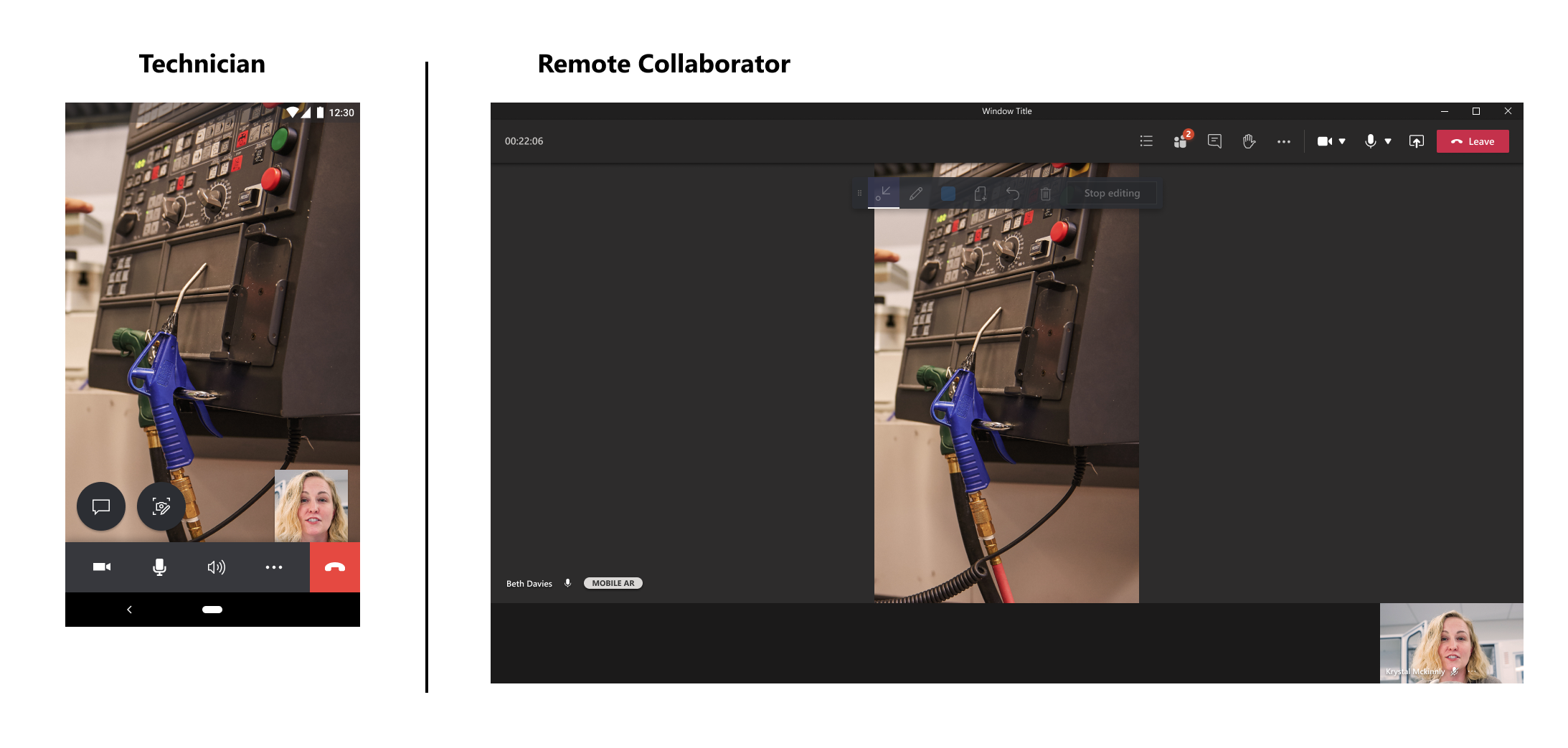 Experiencia en llamadas usando Dynamics 365 Remote Assist en un dispositivo móvil sin compatibilidad con realidad aumentada con Teams para escritorio