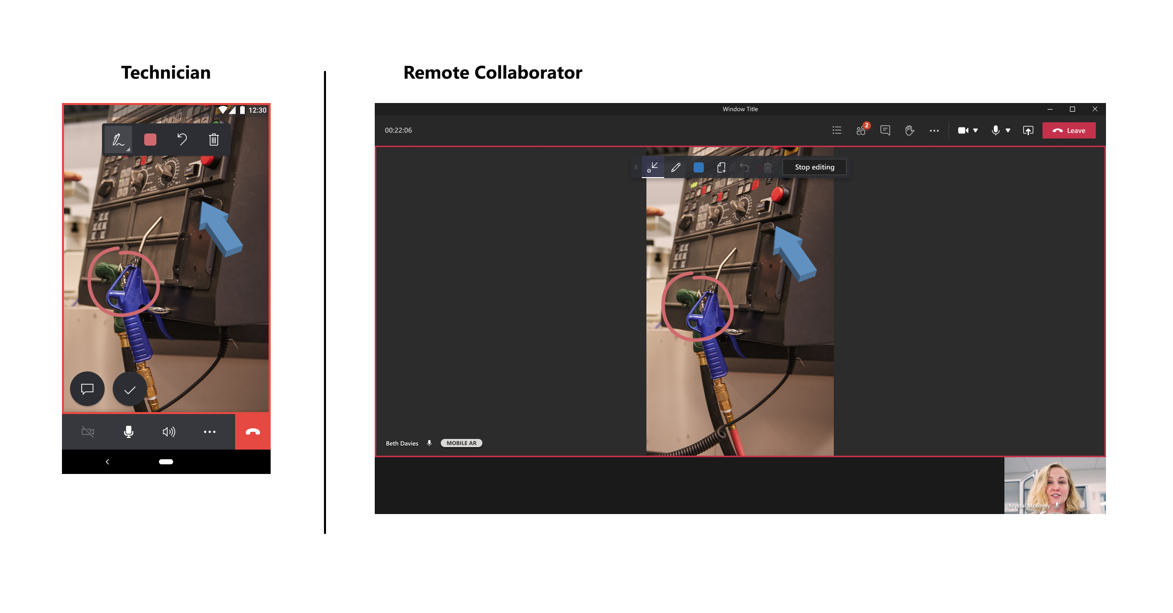 Experiencia de modo Instantánea para usar Dynamics 365 Remote Assist en un dispositivo no compatible con realidad aumentada con escritorio de Teams