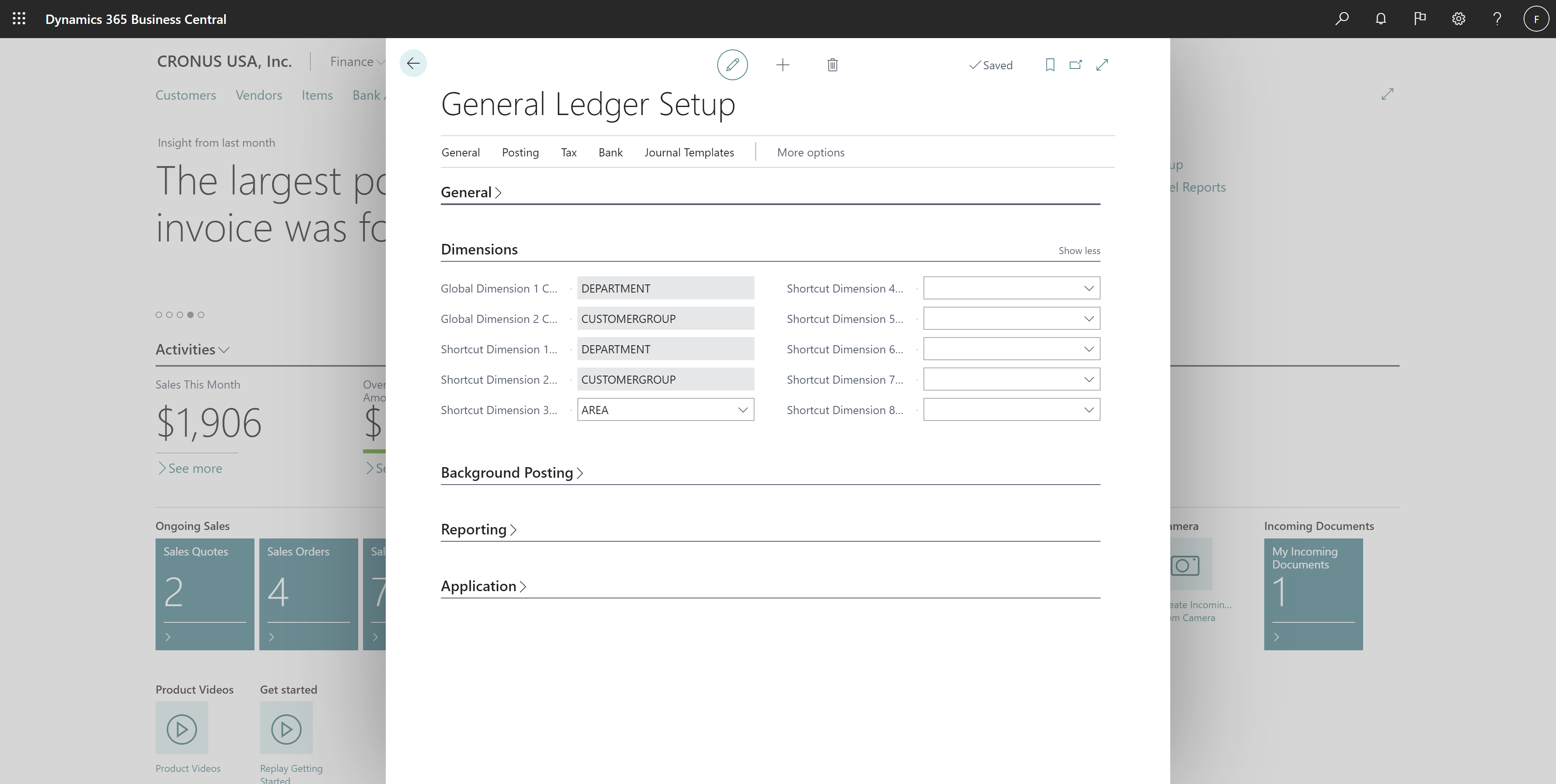 Ficha desplegable Dimensión de la página Configuración de contabilidad general con el acceso directo Dimensión 3 configurado