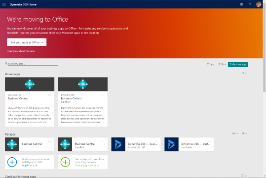 Portal de inicio de Dynamics 365 que muestra mosaicos de Business Central