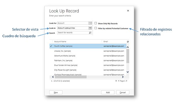 Elementos del diálogo de búsqueda en Dynamics CRM