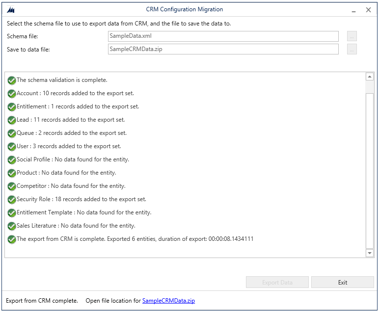 Captura de pantalla de datos de exportación en Dynamics CRM