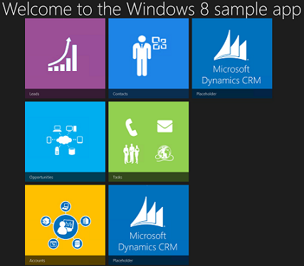 Pantalla principal de la aplicación de ejemplo de Windows 8