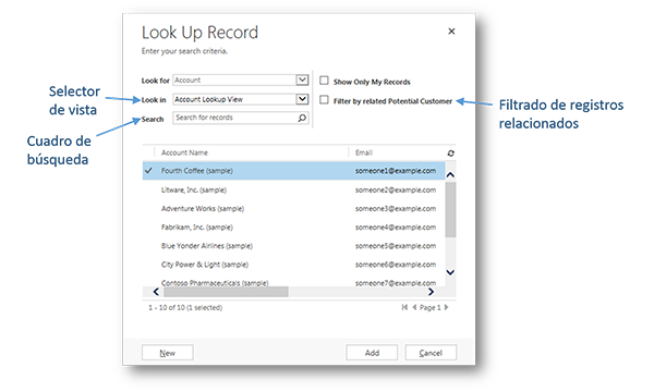 Elementos del cuadro de diálogo de búsqueda en Dynamics CRM