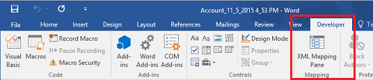 Seleccionar panel de asignación XML en cinta de opciones de Word