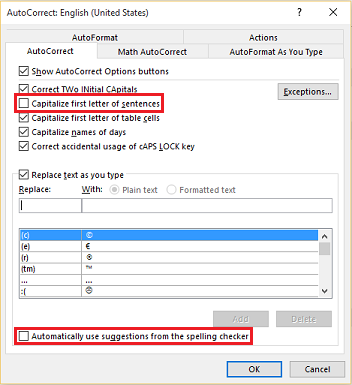 Cancelar la selección de la configuración de Autocorrección