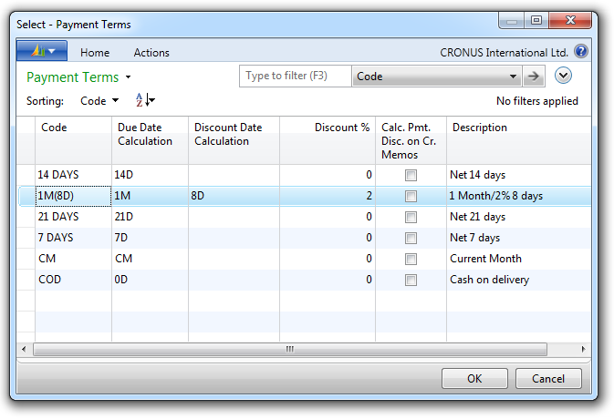 Lookup dialog for selecting payment terms