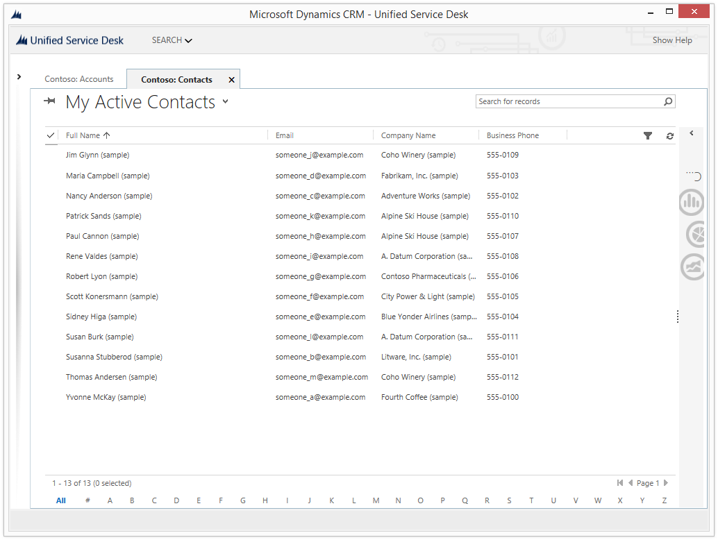 Registros de contactos de Dynamics 365 mostrados