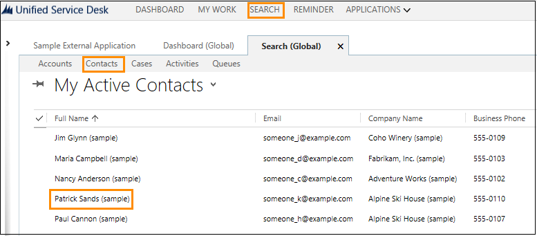 Lista de contactos en Unified Service Desk