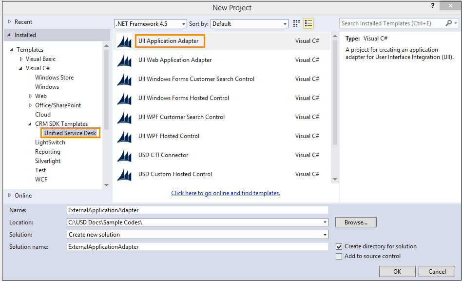 Adaptador externo de la aplicación en Visual Studio