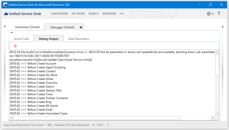 Pestaña Resultados de depuración de Unified Service Desk