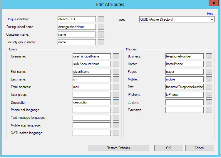 Edit directory attribute mapping in MFA Server