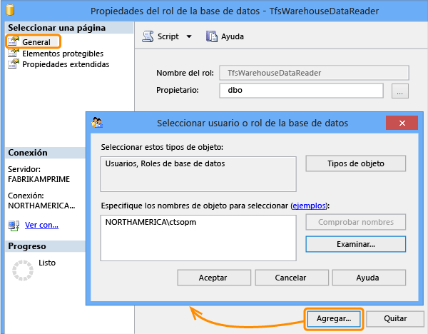 Agregar miembro al rol de lector de datos de Tfs_Analysis