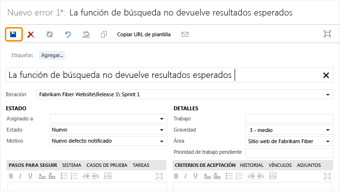 Rellenar el formulario de elementos de trabajo de error