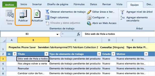 Publicar los elementos de trabajo de Excel en TFS