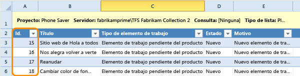 Identificadores de elementos de trabajo publicados que se muestran en Excel