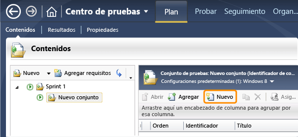 Crear un caso de prueba en un conjunto