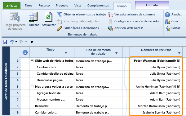 Asignar recursos en el proyecto definido en TFS y AD