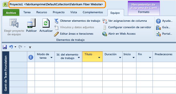 Plan de proyecto enlazado a un proyecto de equipo en TFS