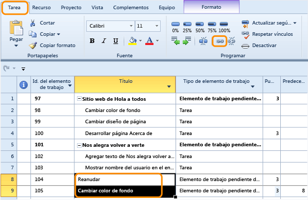 Crear vínculos predecesor-sucesor en Project