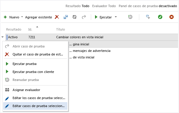 Seleccionar los casos de prueba que desean editarse en la cuadrícula