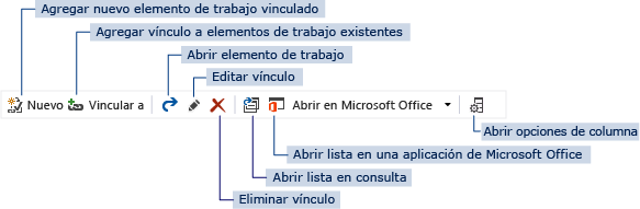 Controles de la barra de herramientas de vínculos del formulario de elemento de trabajo