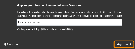 Especifica el nombre de un Team Foundation Server.