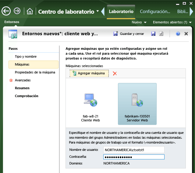 Pestaña Máquinas en el asistente para nuevo entorno.