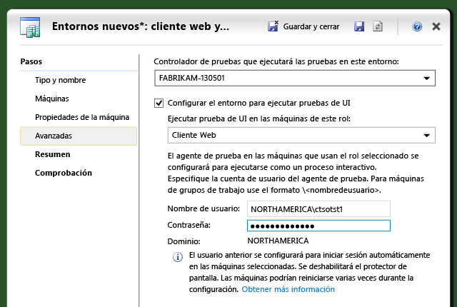 Pestaña Avanzadas en el asistente para nuevo entorno.