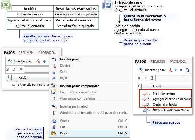 Agregar pasos de prueba de Microsoft Excel o Word