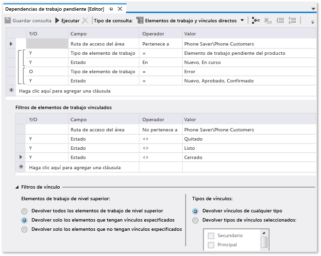 Consulta de vínculos dependientes y elementos de trabajo