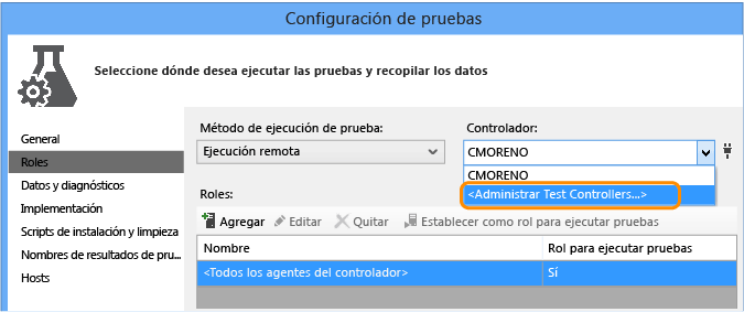 Abrir el archivo de configuración de prueba y seleccionar la pestaña Rol